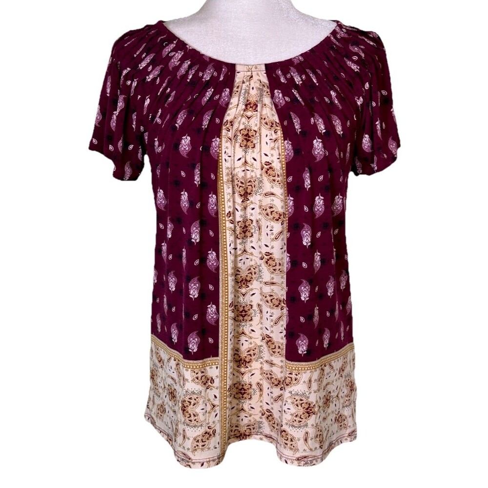 Women’s Festival Boho Peasant Blouse Burgundy Paisley Relaxed Fit Tunic Sz Sm
